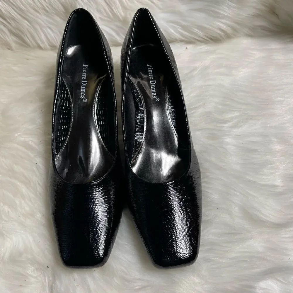 Pierre Dumas black reptile prints slip on 2” heels with gold tone accent SZ12M